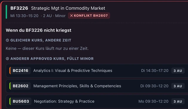 Screenshot of my course planner: for a course with a timetable conflict it lists other courses with their times.