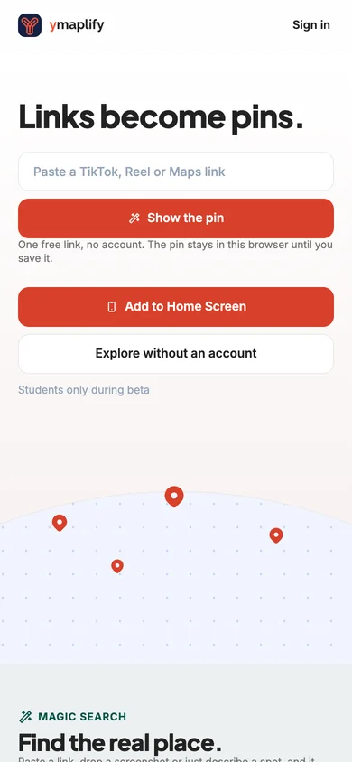 ymaplify on a phone: the start page with the headline Links become pins.