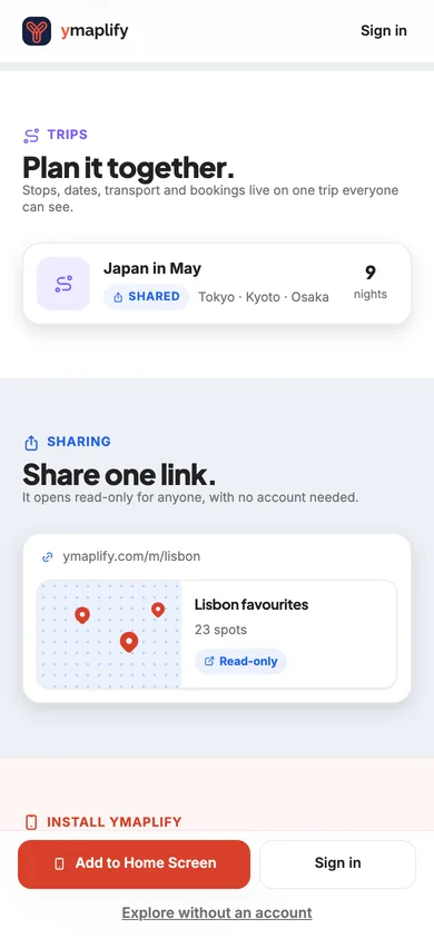 ymaplify on a phone: Plan it together, and Share one link.