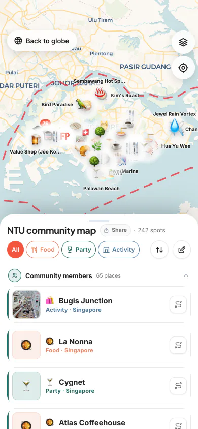 ymaplify on a phone: Same as laptop-4 in the mobile layout: NTU community map with pins and list Same as laptop-4